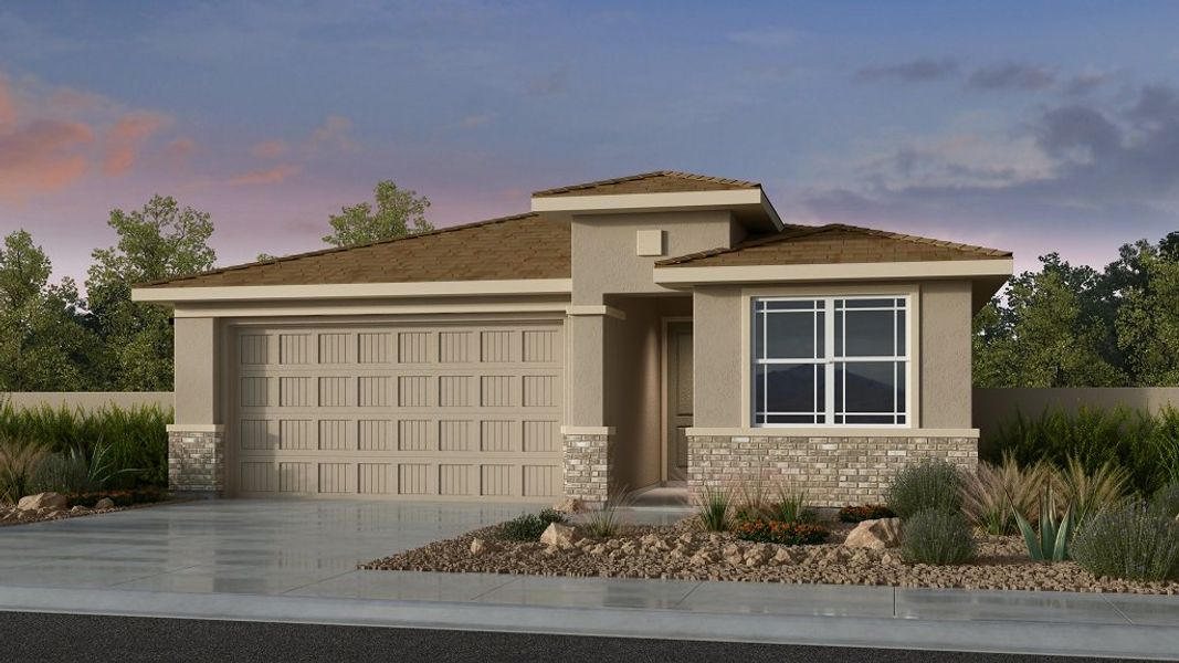 Front exterior of a new home in Estrella, Goodyear, AZ, highlighting curb appeal (Image 1). Front exterior of a new home in Estrella, Goodyear, AZ, highlighting curb appeal (Image 1).