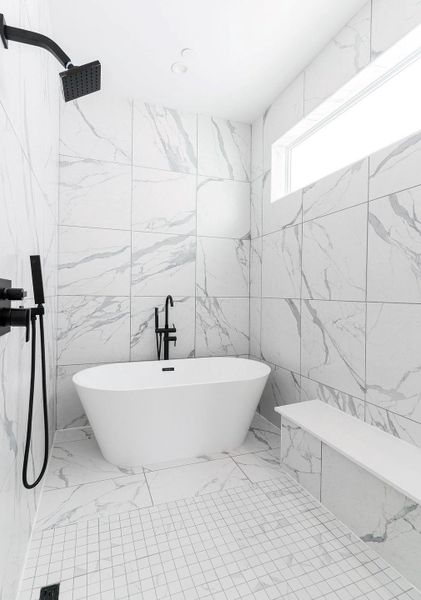 Alternate view of Primary Bath-Note the floor mount tub filler, separate hand-held shower and bench