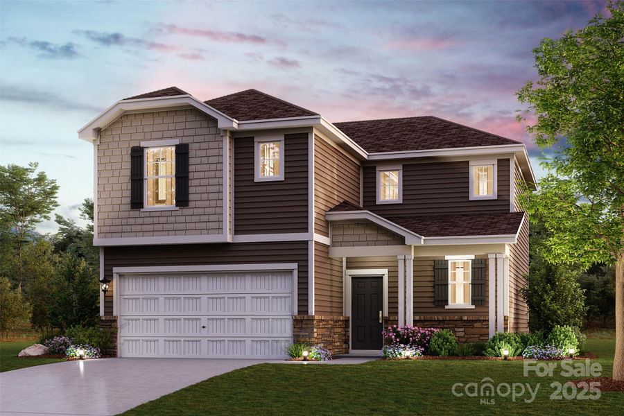 Front exterior of a new home in Blue Sky Meadows, Monroe, NC, highlighting curb appeal (Image 1).