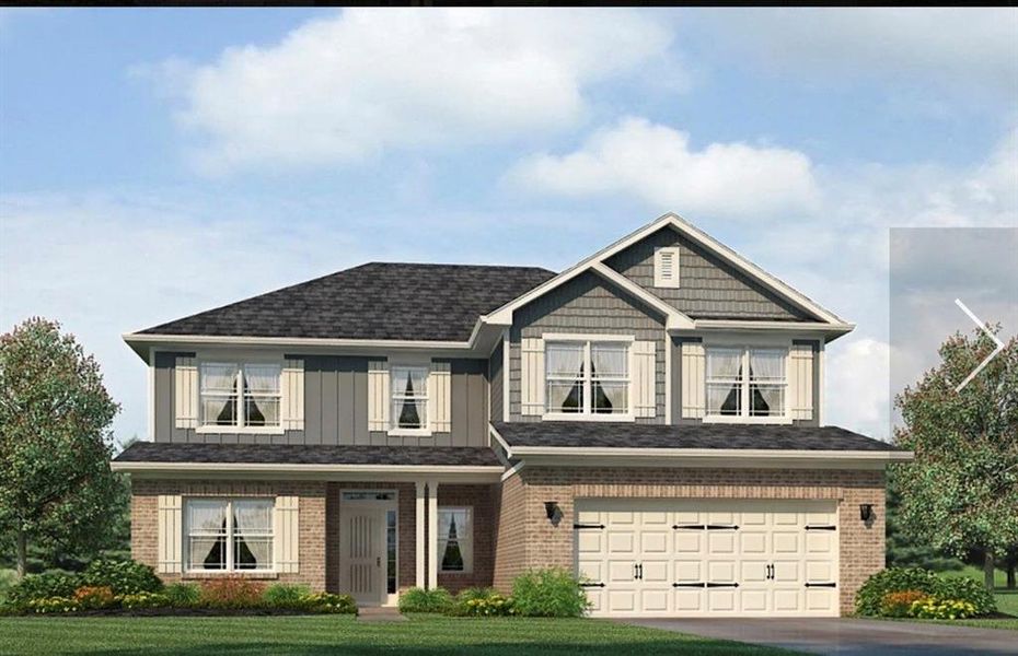 Front exterior of a new home in The Fields of Walnut Creek, Pendergrass, GA, highlighting curb appeal (Image 1). Front exterior of a new home in The Fields of Walnut Creek, Pendergrass, GA, highlighting curb appeal (Image 1).