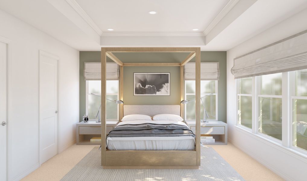 Primary suite with decorative feature wall Primary suite with decorative feature wall