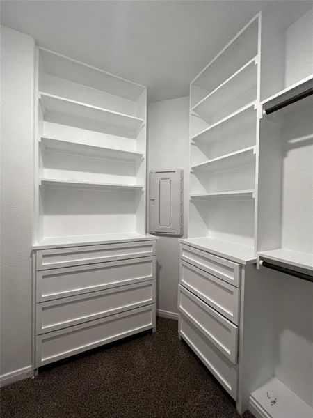 Walk in closet featuring dark carpet and electric panel Walk in closet featuring dark carpet and electric panel