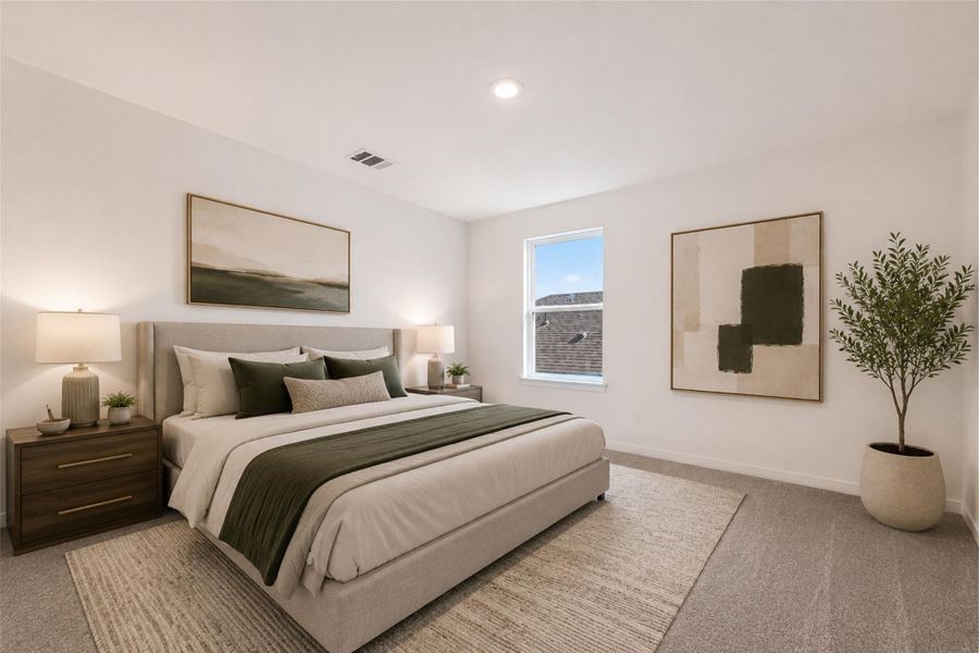 Upstairs bedroom featuring carpet flooring, natural light, and a functional layout with views overlooking the backyard. Virtually staged furnishings shown for visual purposes only.