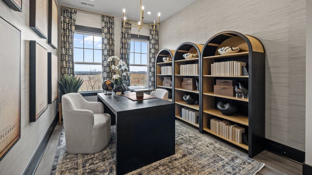 The Enthusiast Plan by DBR Homes with a modern home office in Fort Mill, SC.