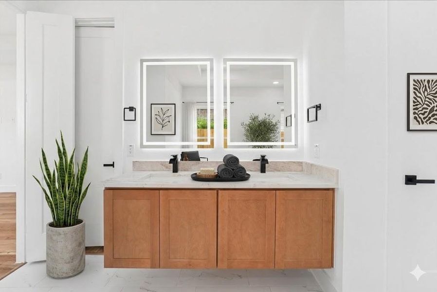 Virtually Staged - Floating wood-finish vanity featuring dual integrated sinks with black matte fixtures, flanked by two illuminated rectangular mirrors Virtually Staged - Floating wood-finish vanity featuring dual integrated sinks with black matte fixtures, flanked by two illuminated rectangular mirrors