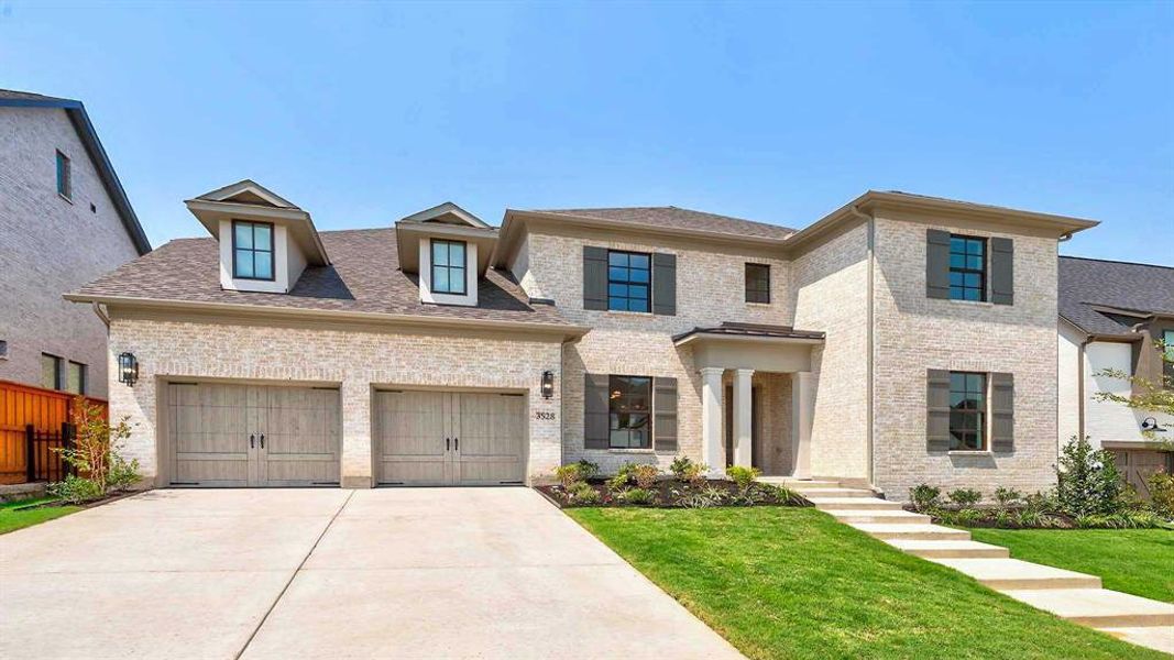 Front exterior of a new home in Fields 60', Frisco, TX, highlighting curb appeal (Image 2). Front exterior of a new home in Fields 60', Frisco, TX, highlighting curb appeal (Image 2).