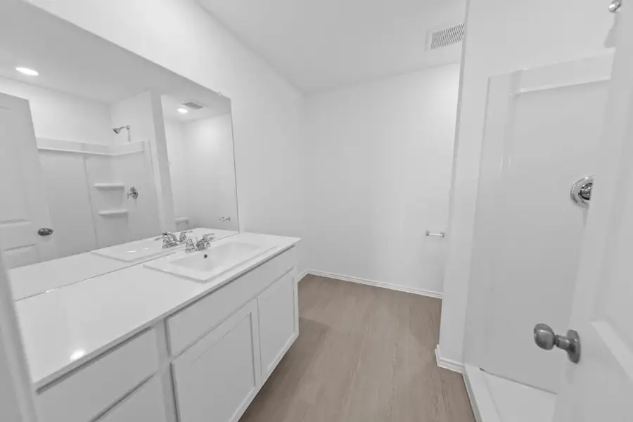 Bathroom with vanity, light wood-style flooring, and a shower