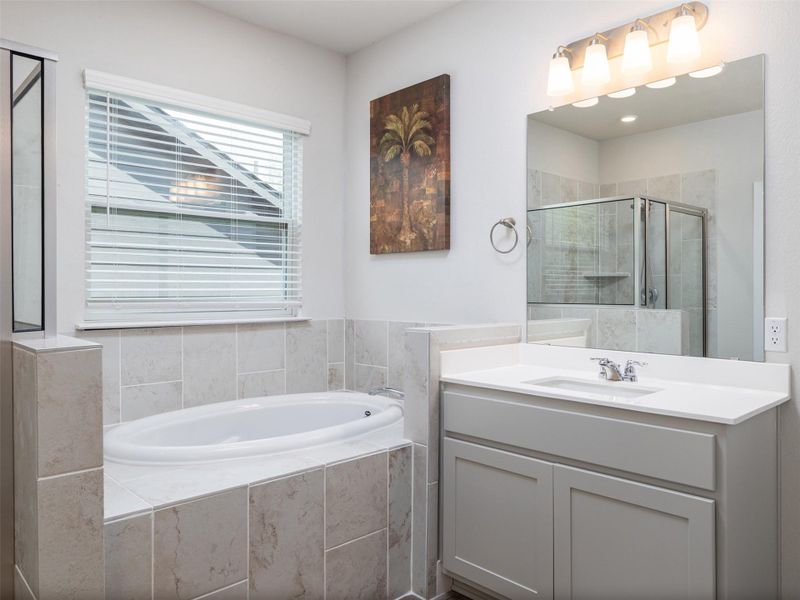 Additional view of Primary Bathroom with bathtub and second vanity