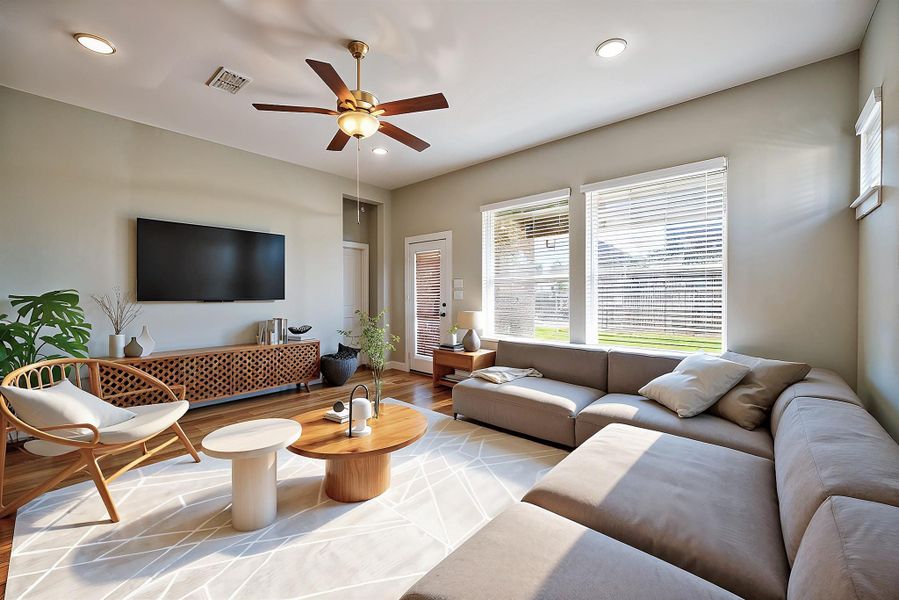 Spacious and sunlit living room featuring elegant virtual staging. Ideal for relaxation and entertaining.