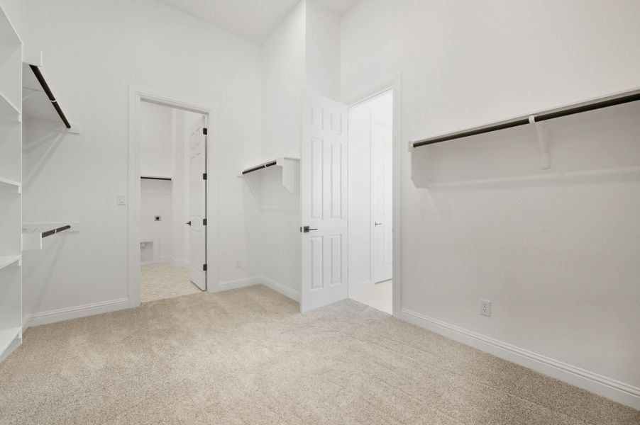 Walk in closet featuring light carpet
