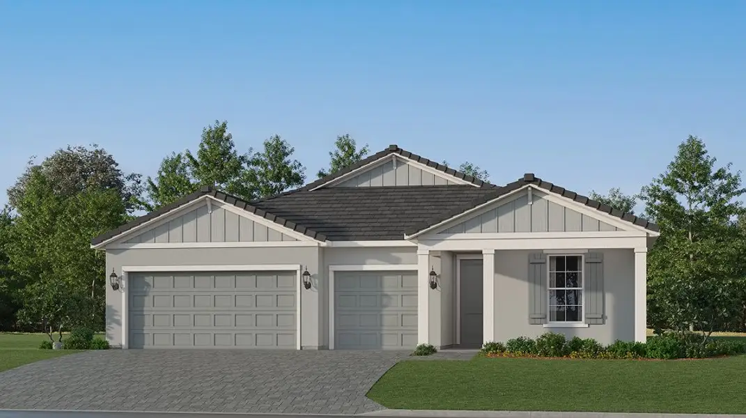 Front exterior of a new home in Kingston South, Estero, FL, highlighting curb appeal (Image 1). Front exterior of a new home in Kingston South, Estero, FL, highlighting curb appeal (Image 1).