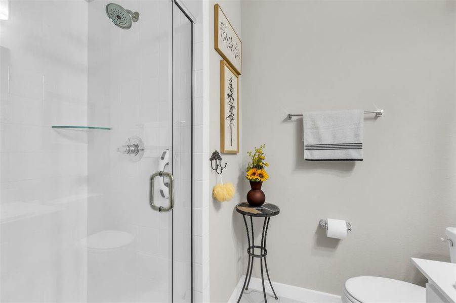 Bathroom featuring vanity, toilet, and walk in shower