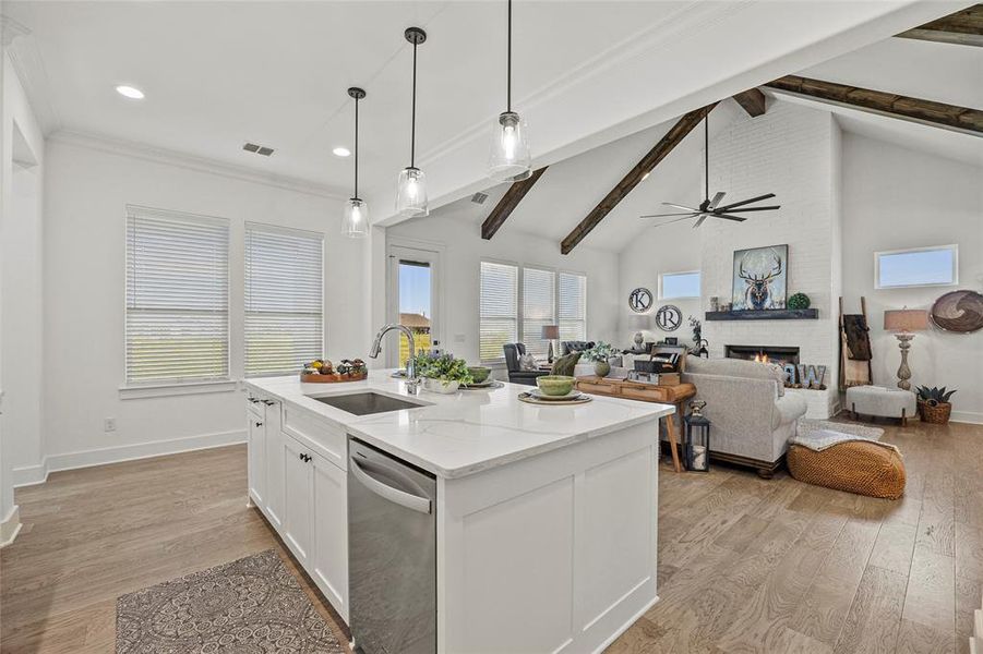 Kitchen with light hardwood / wood-style flooring, dishwasher, an island with sink, a fireplace, and sink