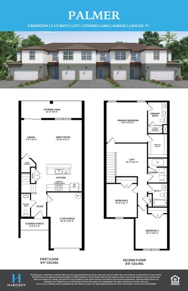2D floor plan layout for the Palmer by Hartizen Homes in Connors Cove, Eustis, FL (Image 5).