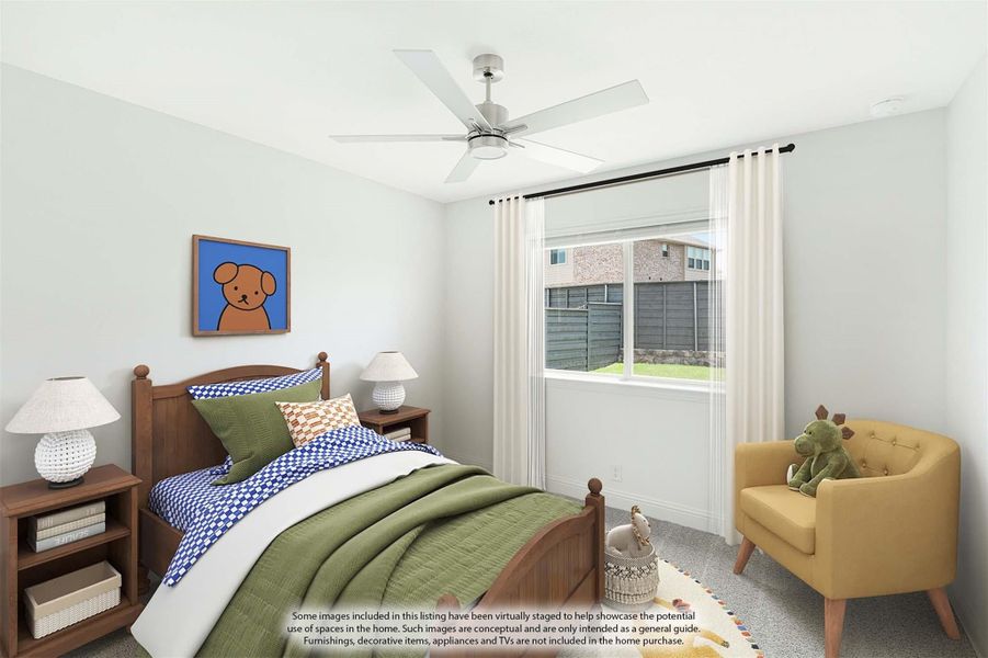 Children's bedroom with twin wood bed, ceiling fan, and window with white curtains Children's bedroom with twin wood bed, ceiling fan, and window with white curtains