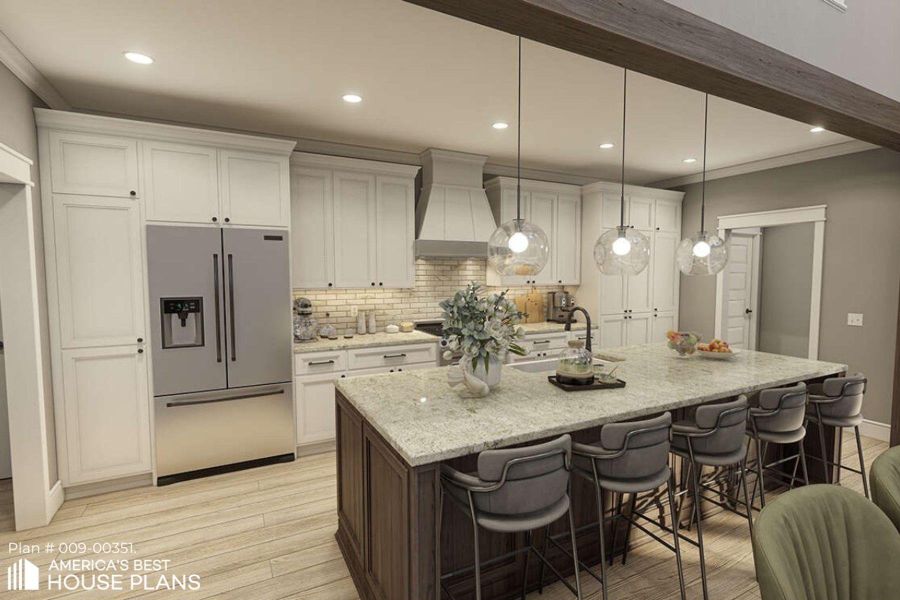 Kitchen with high end fridge, tasteful backsplash, light wood-style flooring, light stone countertops, and a kitchen bar