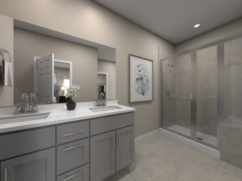 The primary bathroom's dual sinks and large closet make busy mornings a breeze. The primary bathroom's dual sinks and large closet make busy mornings a breeze.