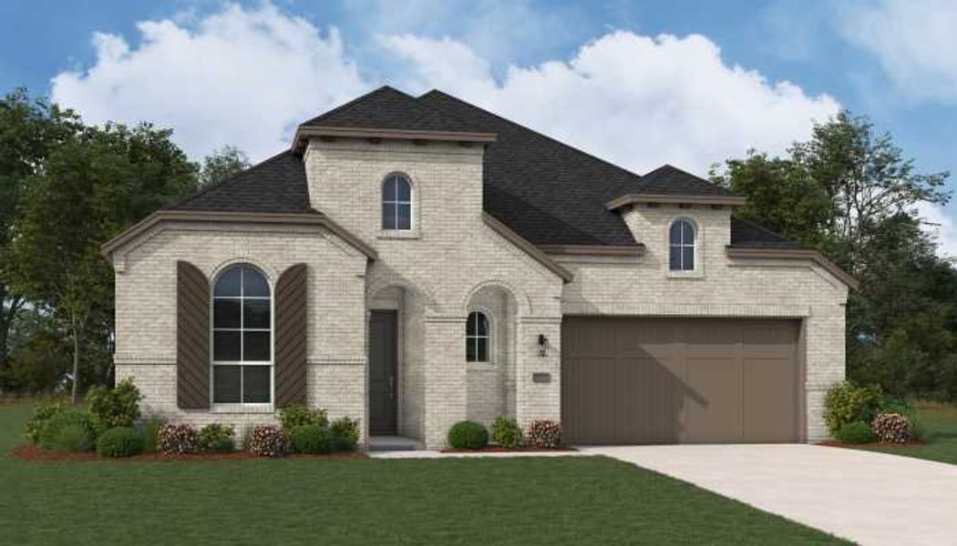 Representative exterior photo of a completed home built from the Oxford by Highland Homes in Parkside On The River, Georgetown, TX (Image 23).