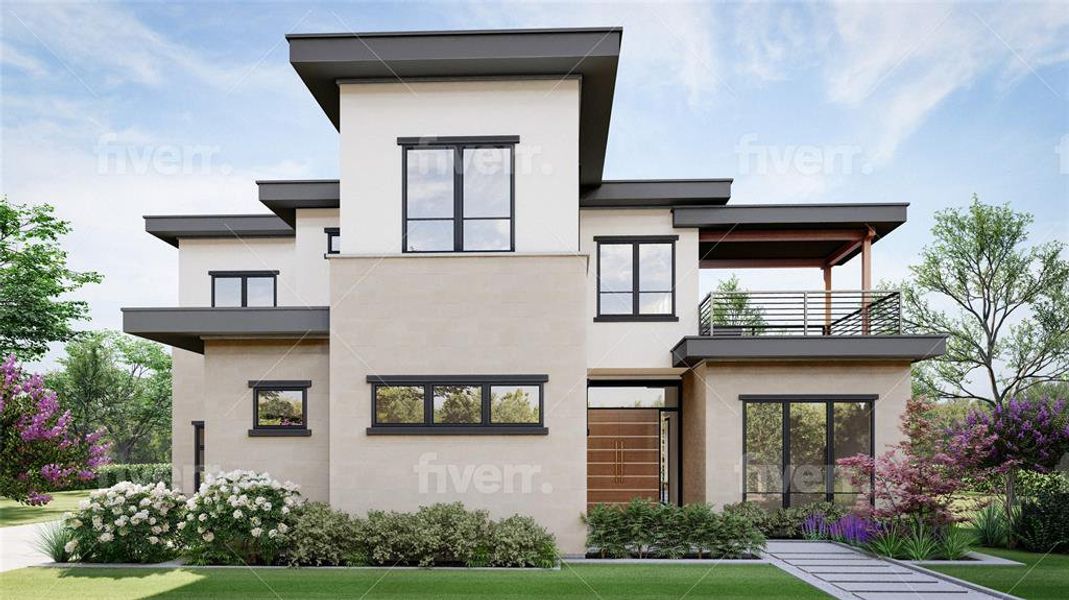 View of front of house with a front yard and a balcony