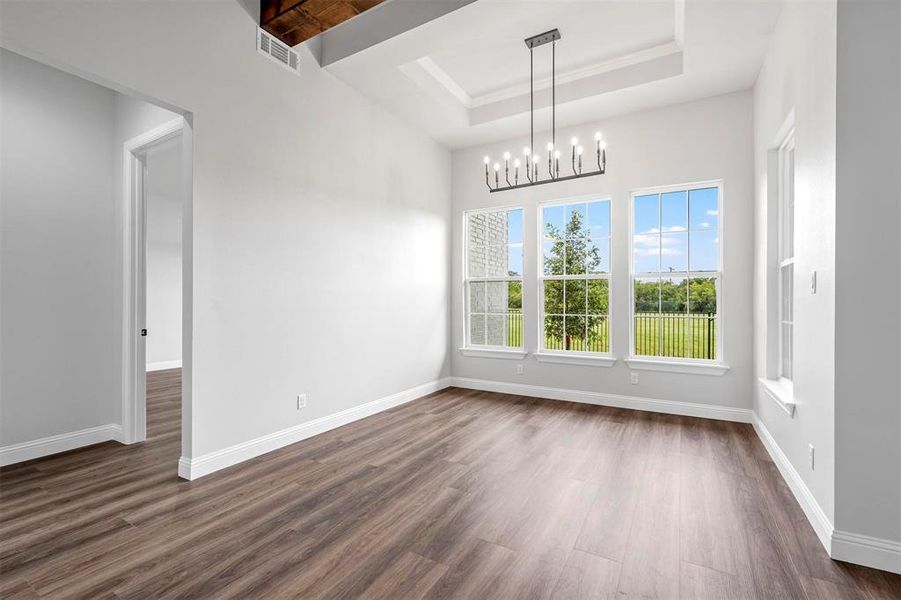 Spare room featuring a notable chandelier, dark wood-type flooring, and a tray ceiling