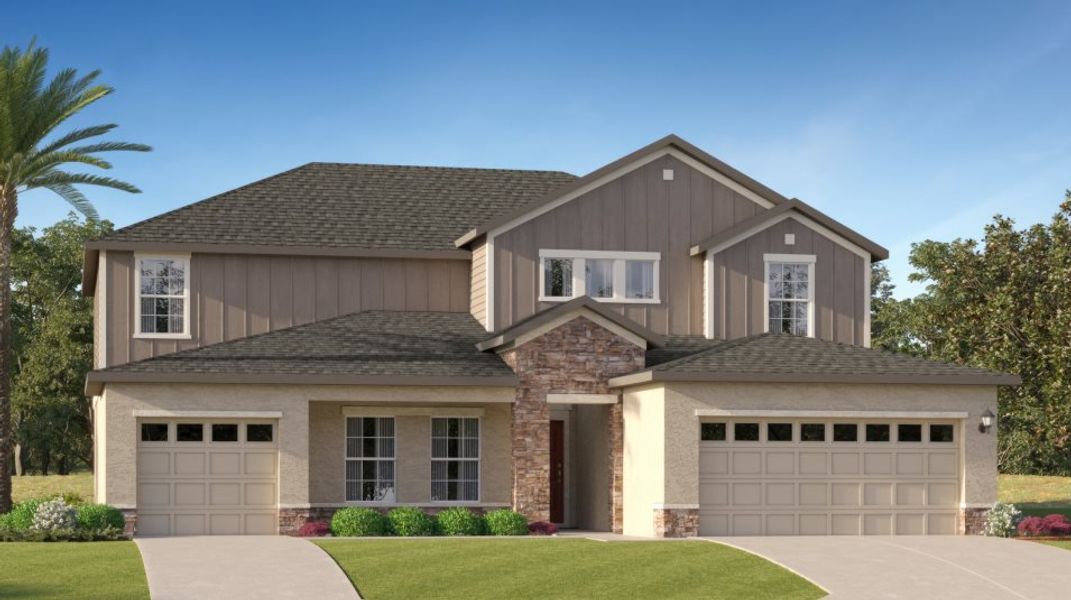 Front exterior of a new home in Prosperity Lakes, Parrish, FL, highlighting curb appeal (Image 1). Front exterior of a new home in Prosperity Lakes, Parrish, FL, highlighting curb appeal (Image 1).