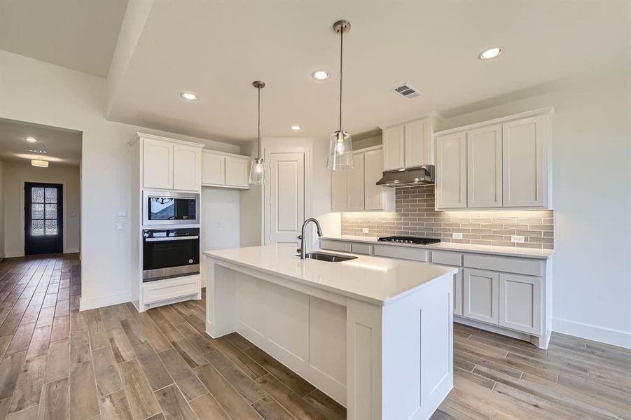 Kitchen featuring visible vents, wood finish floors, a sink, under cabinet range hood, and appliances with stainless steel finishes