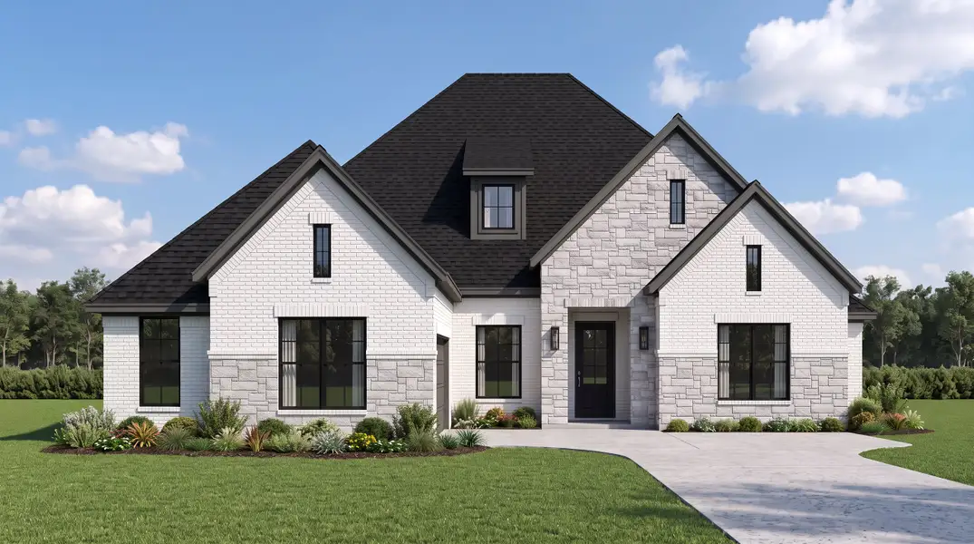 Front exterior of a new home in The Bridges at Preston Crossings, Gunter, TX, highlighting curb appeal (Image 1). Front exterior of a new home in The Bridges at Preston Crossings, Gunter, TX, highlighting curb appeal (Image 1).