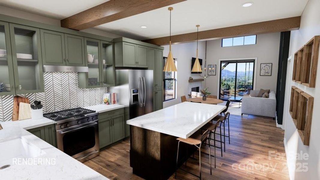 Open concept kitchen, dining, living
