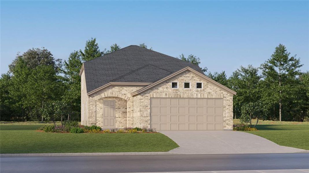 View of front of house with a garage and a front lawn