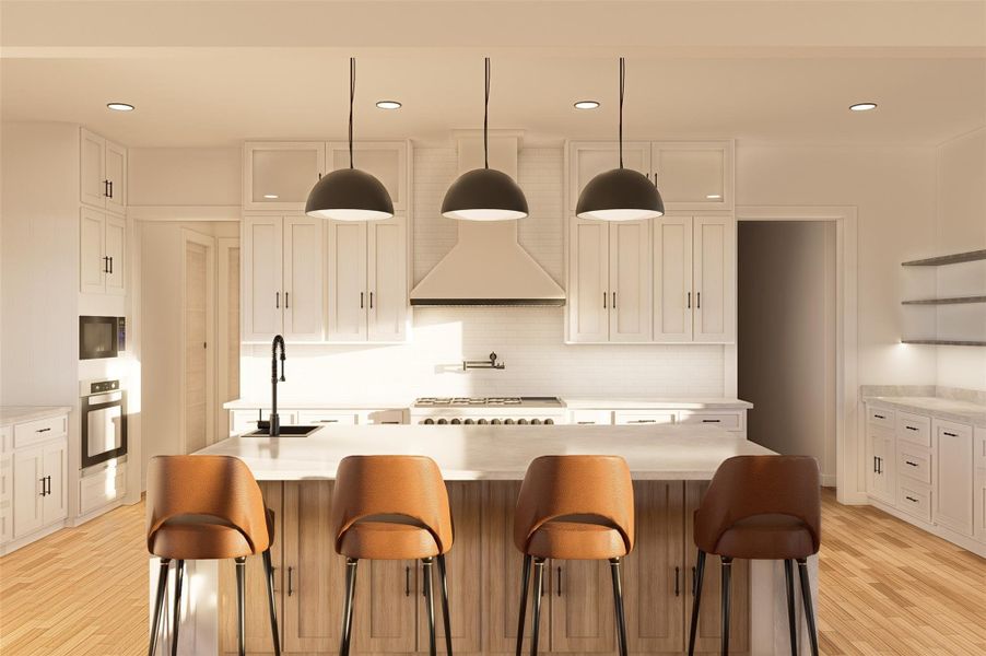 Rendering of kitchen island. Rendering of kitchen island.