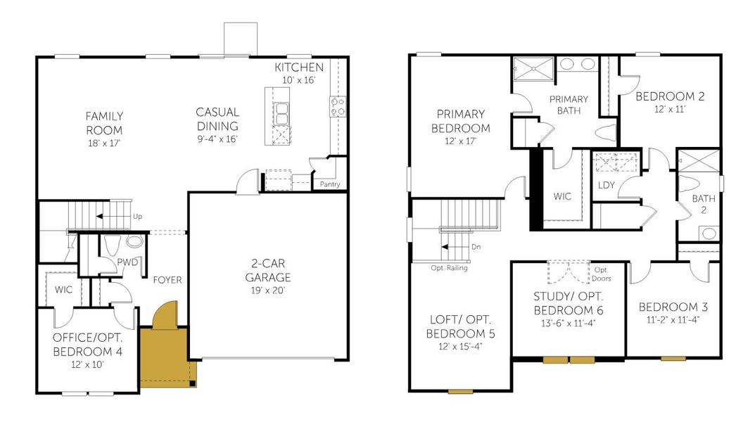 2D floor plan layout for the Prelude - Single Family Homes by Dream Finders Homes in Enclave at The Settlement, Simpsonville, SC (Image 3).