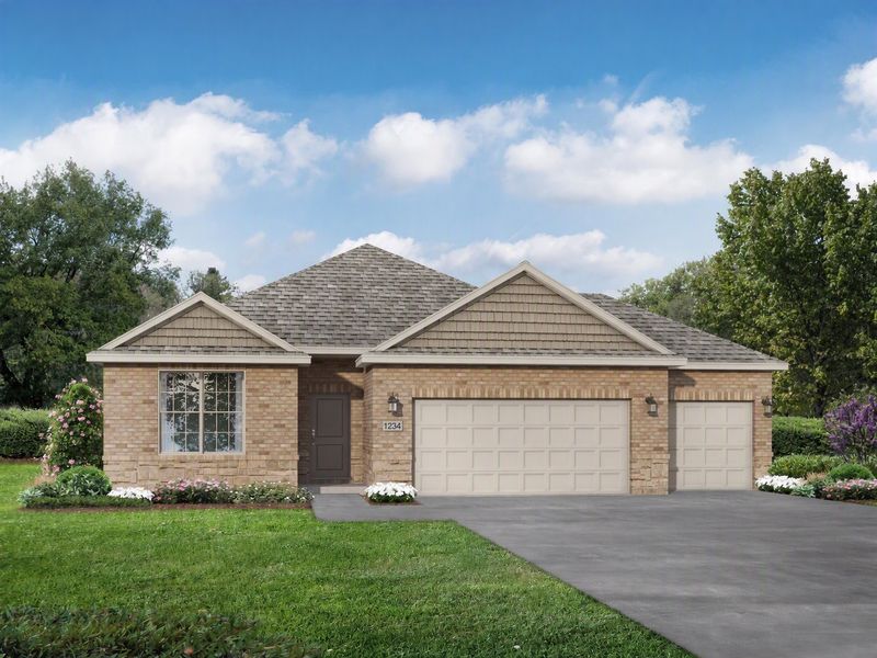 Representative exterior photo of a completed home built from the The Everett C, 3-Car Garage by Davidson Homes LLC in River Ranch Meadows, Dayton, TX (Image 1). Representative exterior photo of a completed home built from the The Everett C, 3-Car Garage by Davidson Homes LLC in River Ranch Meadows, Dayton, TX (Image 1).