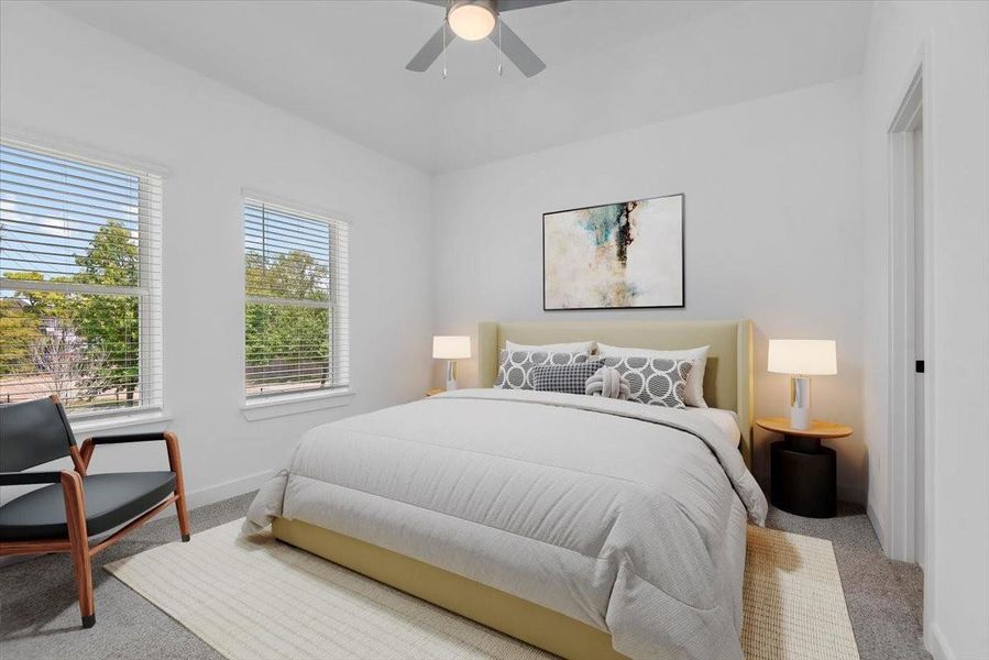 Staged -- Primary bedroom features abundant light and sleek, modern finishes. Overlooking green-peaceful park. Staged -- Primary bedroom features abundant light and sleek, modern finishes. Overlooking green-peaceful park.