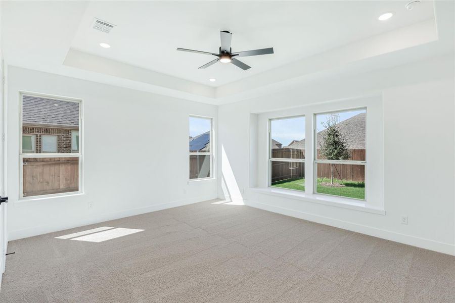 Empty bedroom with tray ceiling, ceiling fan, carpet flooring, and multiple windows overlooking backyard