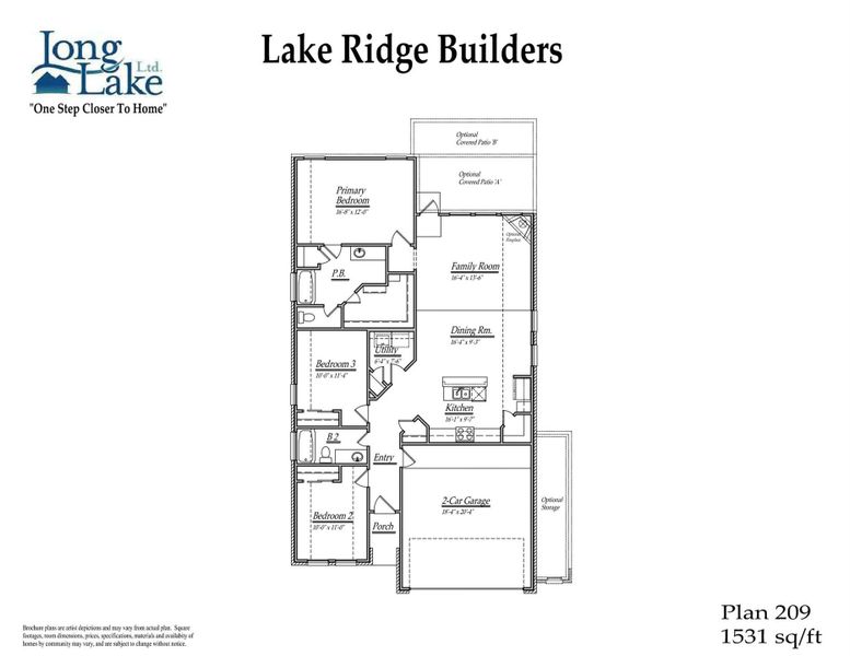 Plan 209 features 3 bedrooms, 2 full baths, a 2 car garage and over 1,500 sqft of living space.