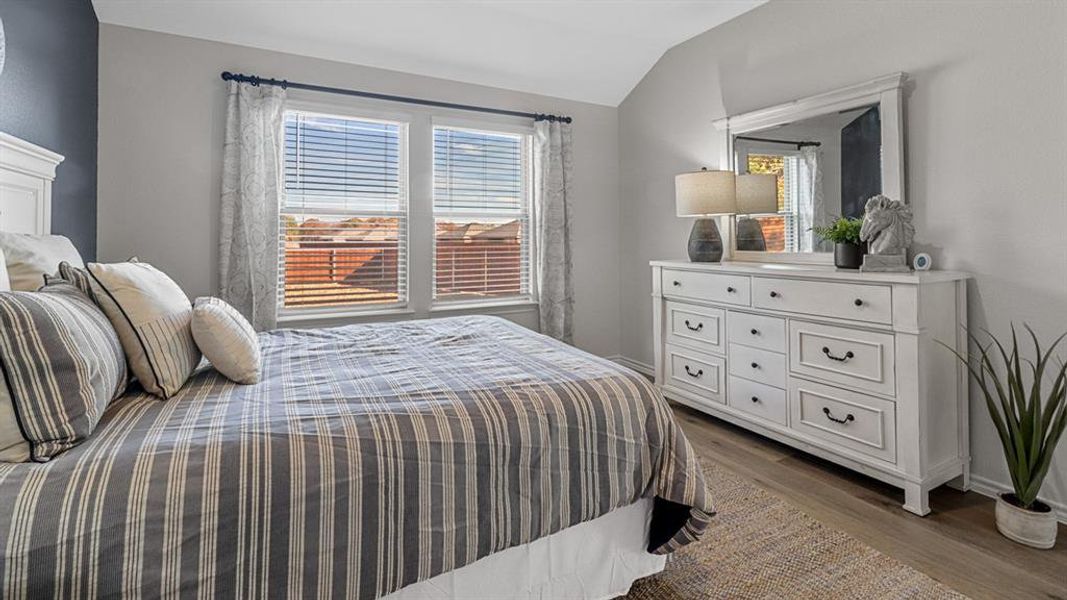 Bedroom featuring wood-finish flooring, two large windows with blinds, and light gray wall paint