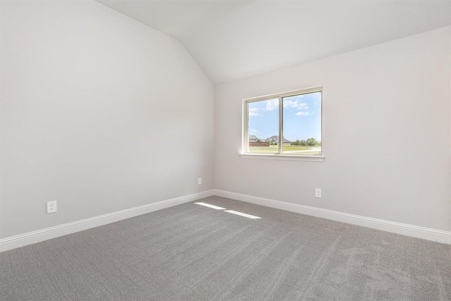 Empty room with carpet flooring and vaulted ceiling Empty room with carpet flooring and vaulted ceiling