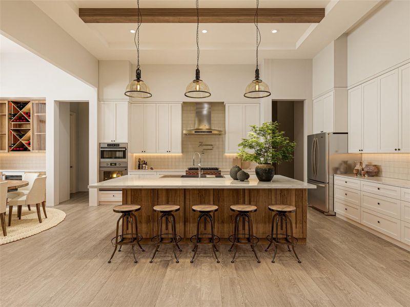 Warm wood accents complement clean white cabinetry in this gourmet culinary space.