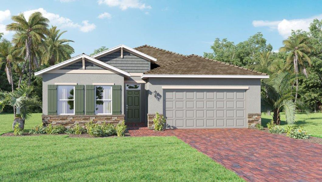 Front exterior of a new home in Cypress Bay West, Palm Bay, FL, highlighting curb appeal (Image 1). Front exterior of a new home in Cypress Bay West, Palm Bay, FL, highlighting curb appeal (Image 1).