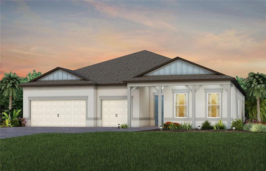 Front exterior of a new home in Del Webb BayView, Parrish, FL, highlighting curb appeal (Image 1).