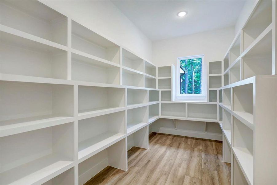 Huge walk-in pantry has a place for everything, neatly organized.