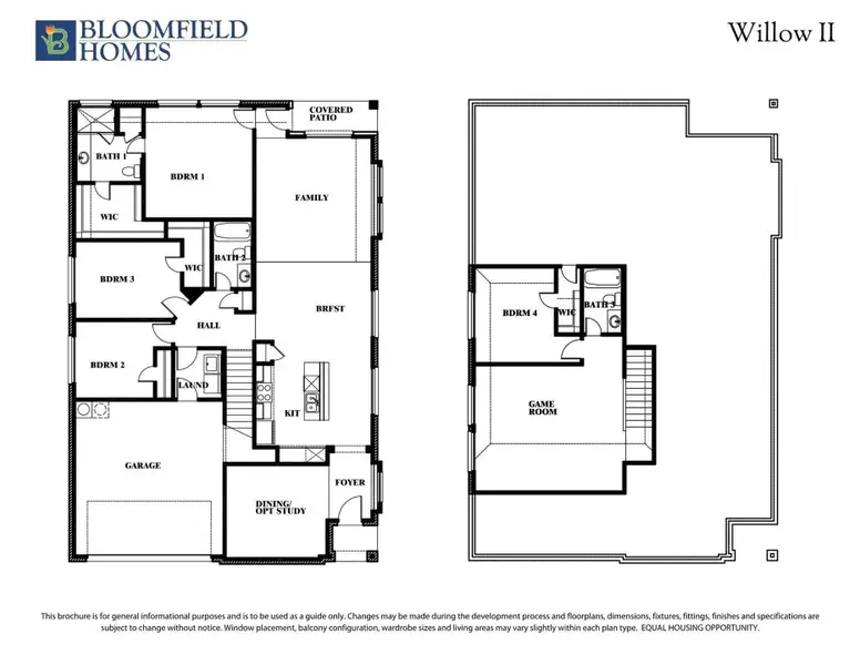 Bloomfield Homes Willow II two-story floor plan with 4 bedrooms, 3 bathrooms, game room, and covered patio Bloomfield Homes Willow II two-story floor plan with 4 bedrooms, 3 bathrooms, game room, and covered patio