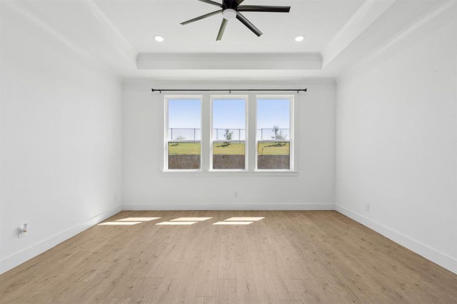 Spare room featuring a tray ceiling, ceiling fan, and light hardwood / wood-style flooring