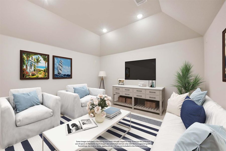 Living room with white sofas, wall-mounted TV, striped rug, and two framed paintings on white walls Living room with white sofas, wall-mounted TV, striped rug, and two framed paintings on white walls