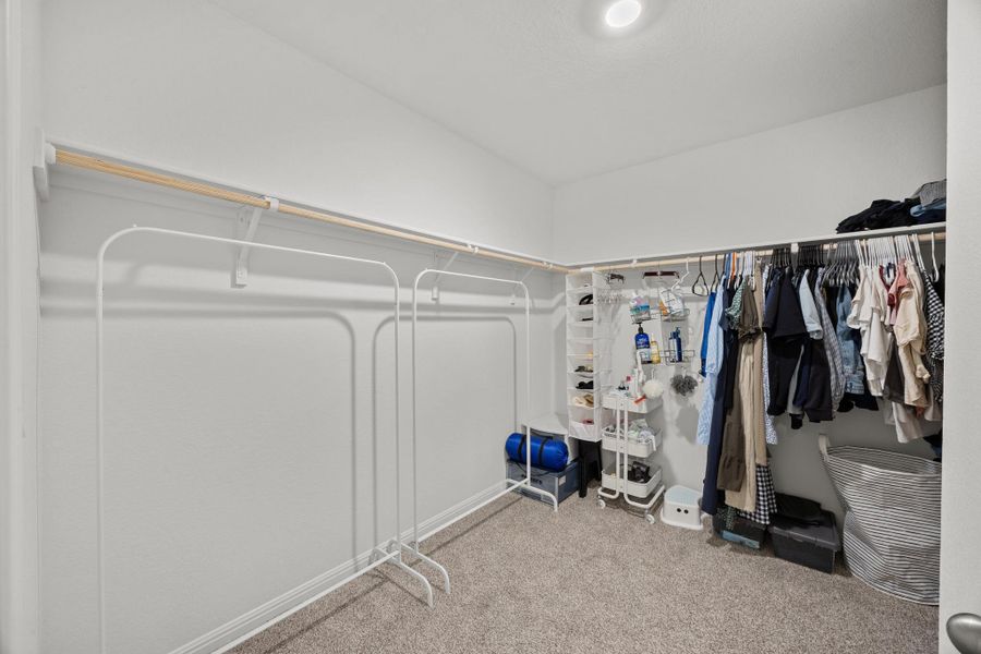 Walk in closet featuring light colored carpet