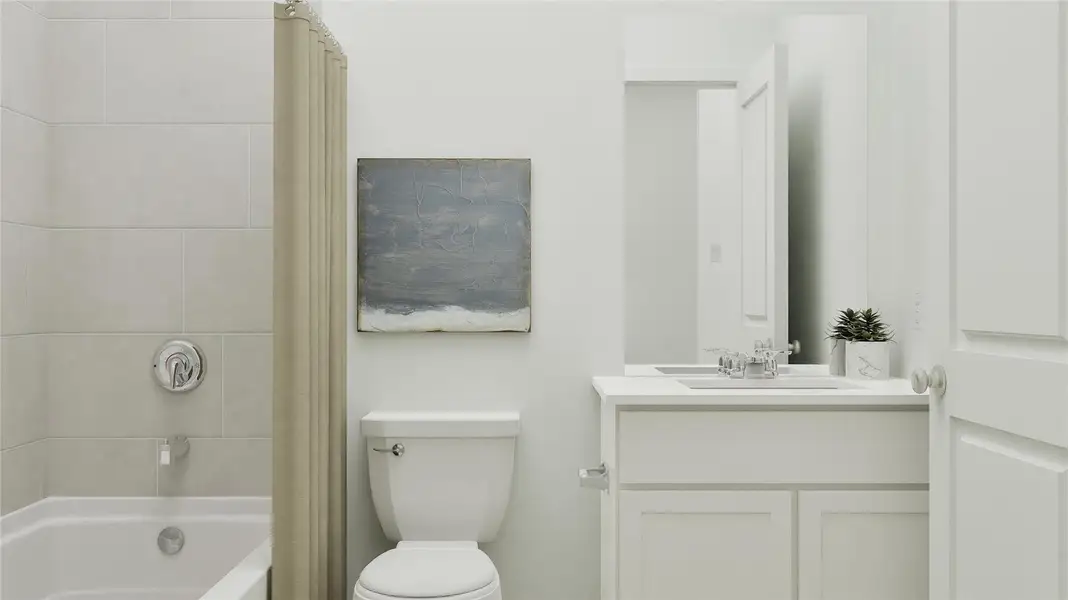 Bathroom featuring shower / bath combination with curtain and vanity Bathroom featuring shower / bath combination with curtain and vanity