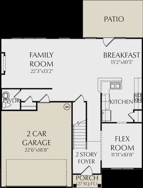 2D floor plan layout for the Stamford by KM Homes in Ashton Heights, Lawrenceville, GA (Image 3).