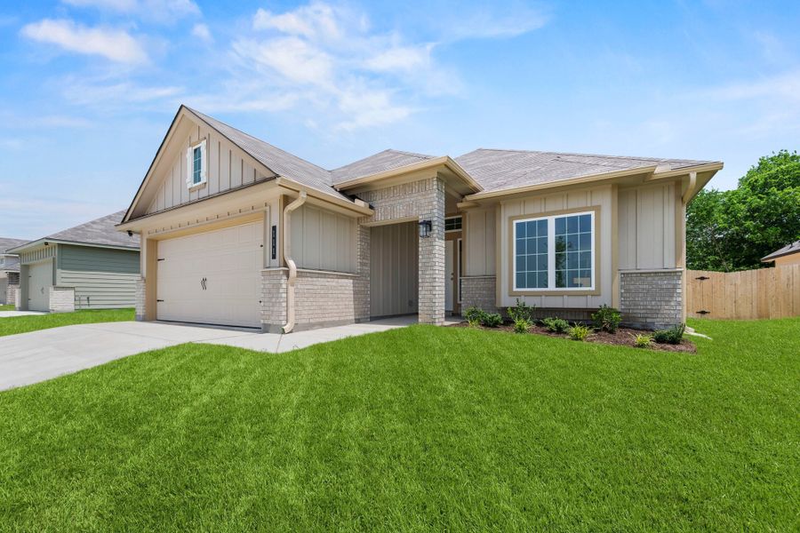 Front exterior of a new home in Adaline Crossing, McGregor, TX, highlighting curb appeal (Image 1). Front exterior of a new home in Adaline Crossing, McGregor, TX, highlighting curb appeal (Image 1).