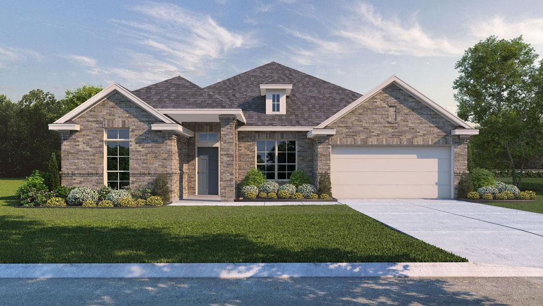Front exterior of a new home in Rosenbusch Ranch, Leander, TX, highlighting curb appeal (Image 1). Front exterior of a new home in Rosenbusch Ranch, Leander, TX, highlighting curb appeal (Image 1).