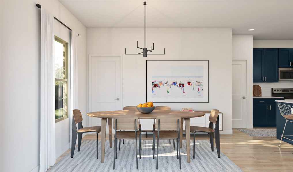 Cozy dining area with chandelier and great room with gorgeous floors